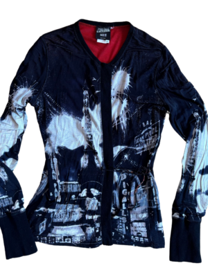 Early 2000s Jean Paul Gaultier Maille Femme Mesh Wrap Top – Eiffel Tower + Pigalle Print