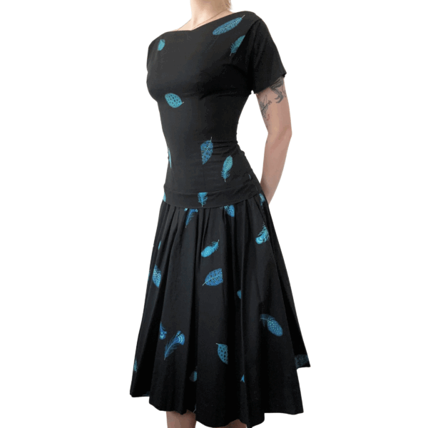 1950s Feather Print Drop Waist Dress