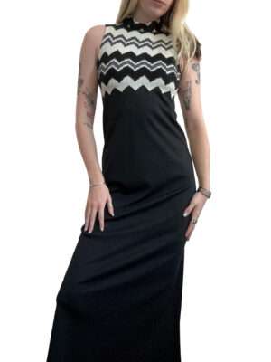 1970s Editions Black and White Mock Neck Collar Maxi Dress - Small / Medium