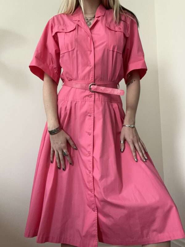 1980s Barbie Pink Button-Up Dress with Belt - Size Small - Image 5