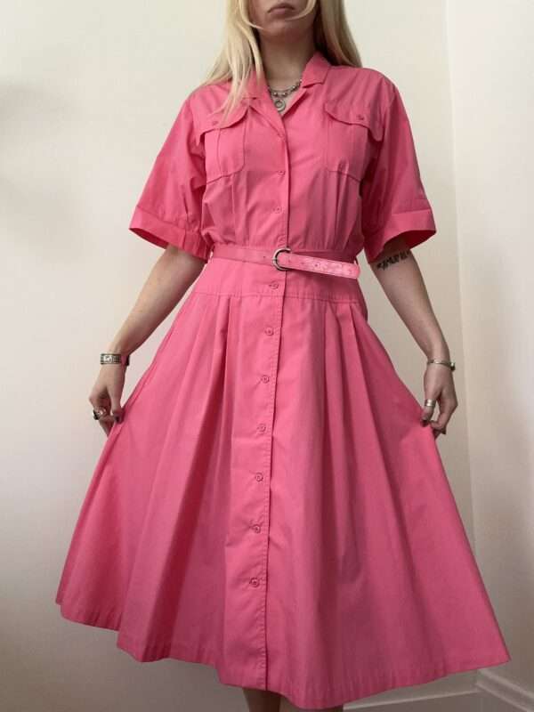 1980s Barbie Pink Button-Up Dress with Belt - Size Small - Image 6