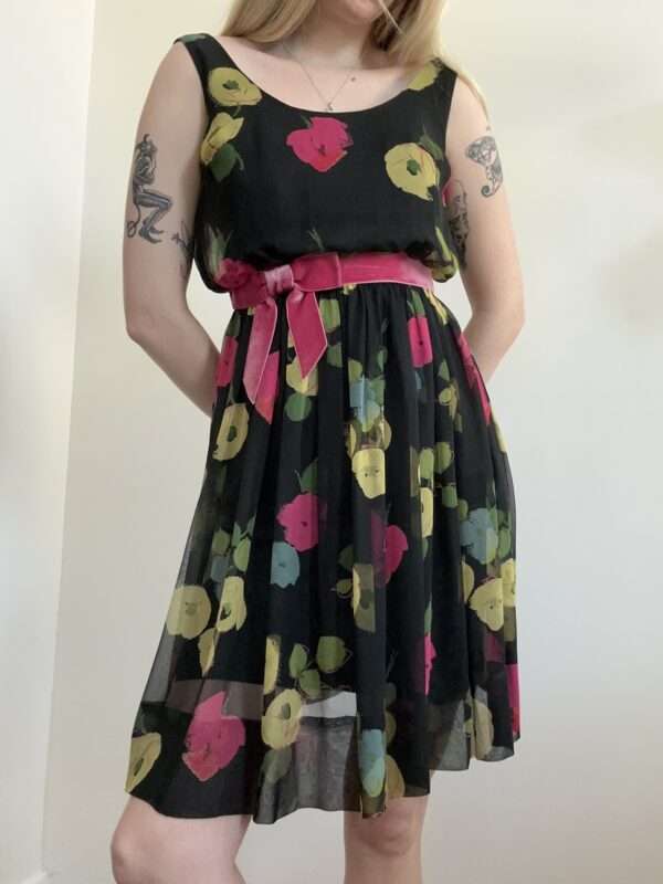 1950s Miss Brooks Floral Silk Cocktail Dress with Bow - XS-Small - Image 6