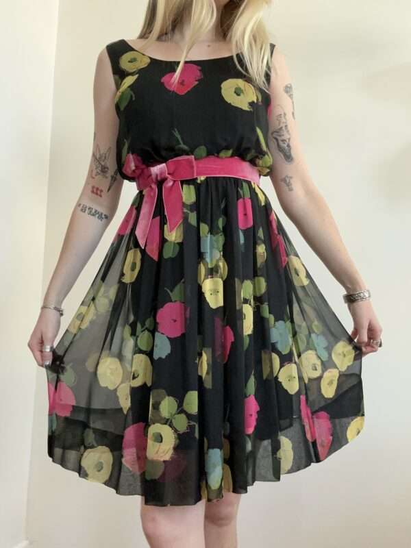 1950s Miss Brooks Floral Silk Cocktail Dress with Bow - XS-Small - Image 3
