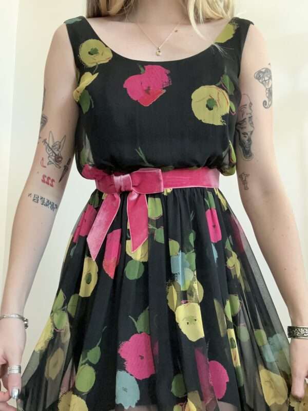 1950s Miss Brooks Floral Silk Cocktail Dress with Bow - XS-Small - Image 5