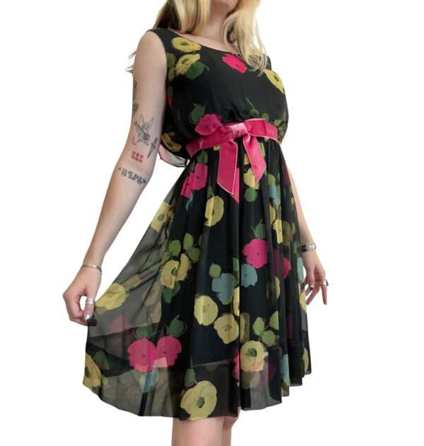1950s Miss Brooks Floral Silk Cocktail Dress with Bow - XS-Small