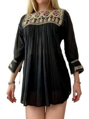 1960s Hand-Embroidered Cotton Gauze Tunic - Hippie Boho Blouse