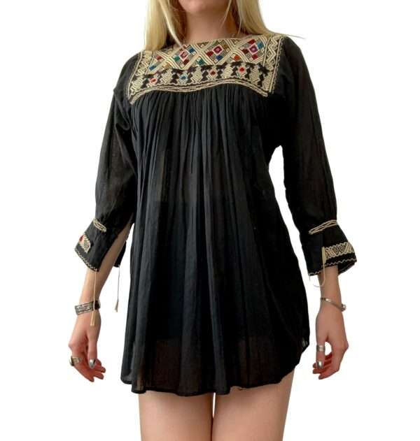 1960s Hand-Embroidered Cotton Gauze Tunic - Hippie Boho Blouse