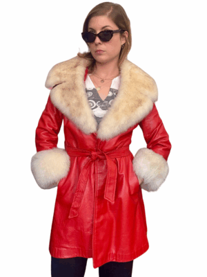 1970s Red Leather and Shearling Fur Trim Tie Coat