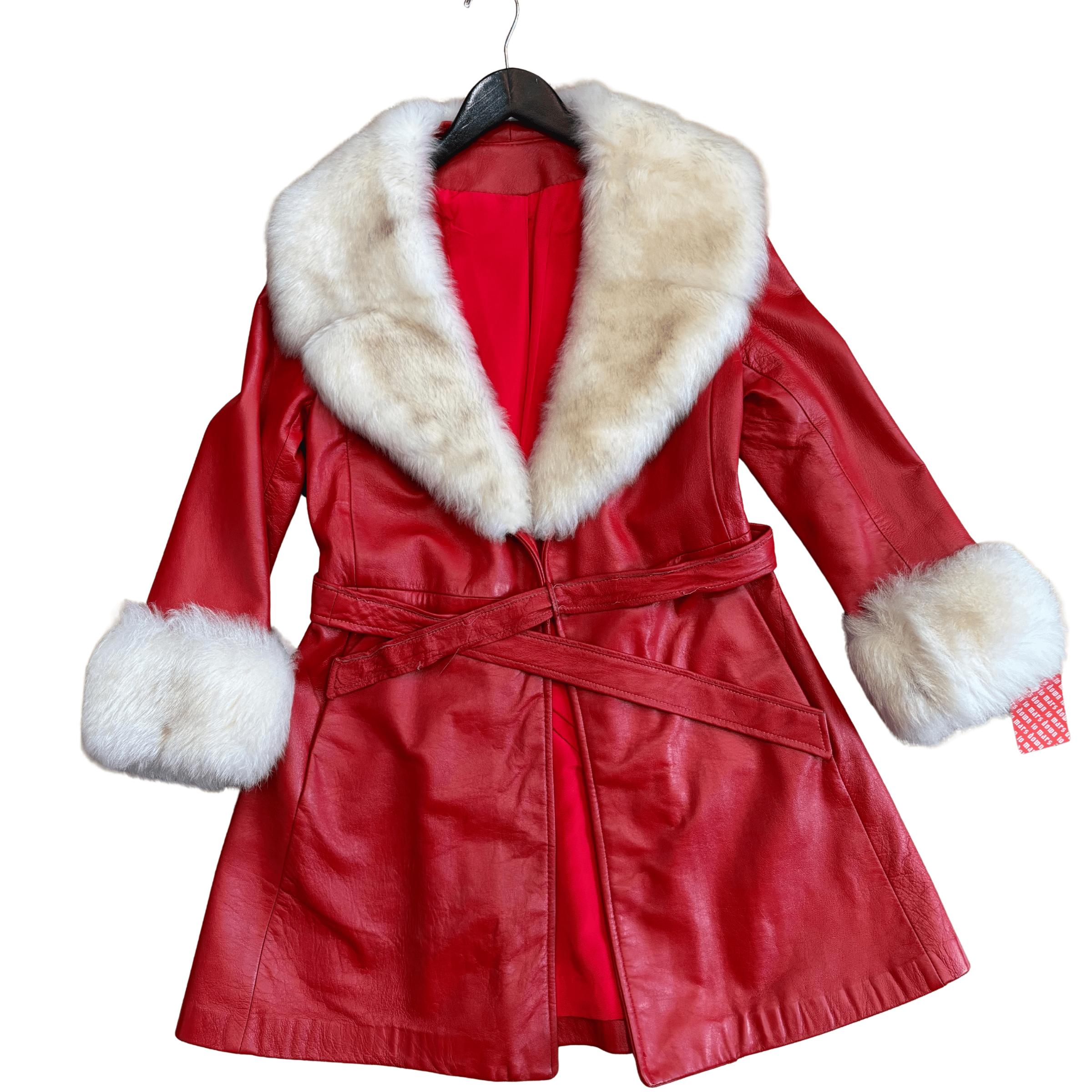 1970s Red Leather and Shearling Fur Trim Tie Coat - Image 10