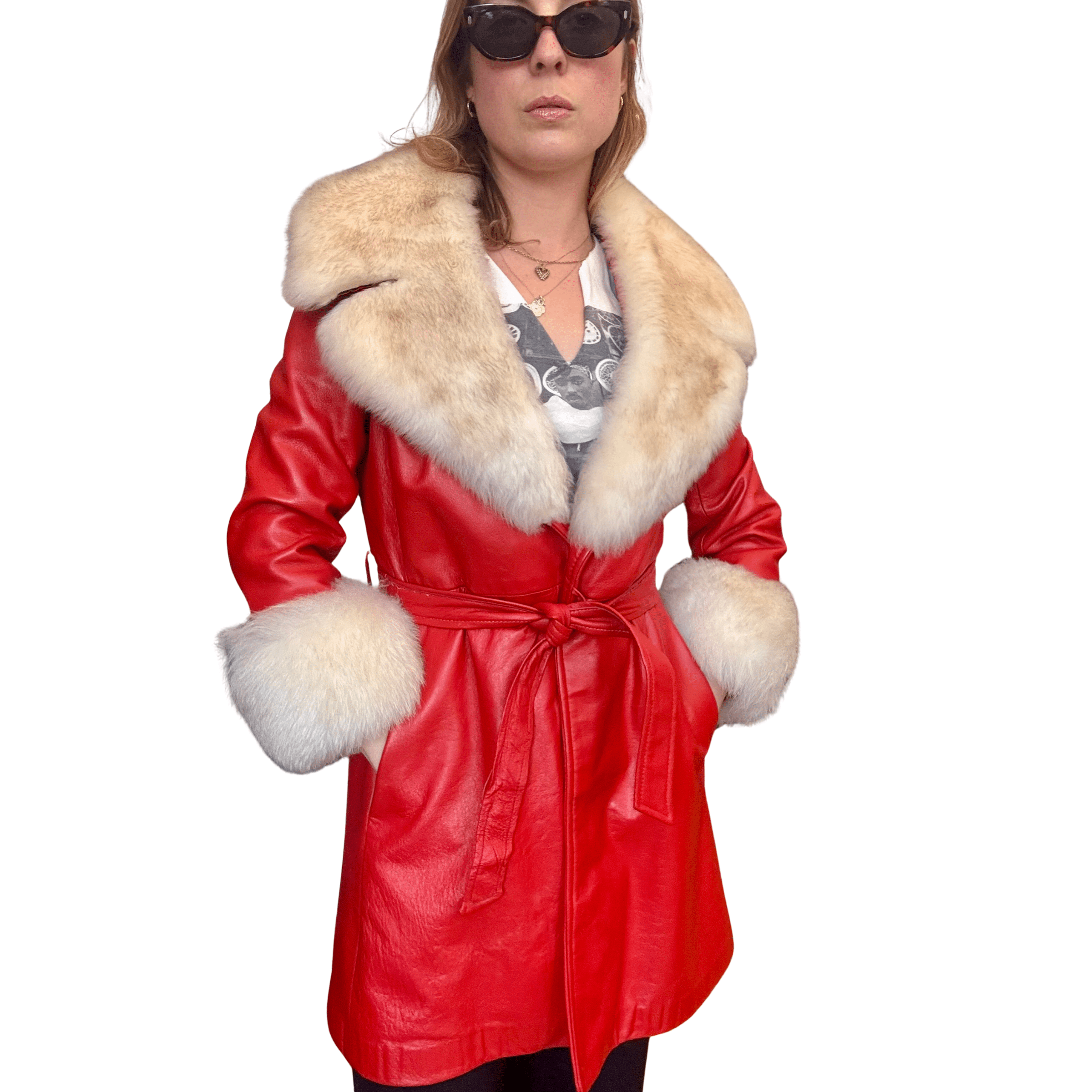 1970s Red Leather and Shearling Fur Trim Tie Coat - Image 9