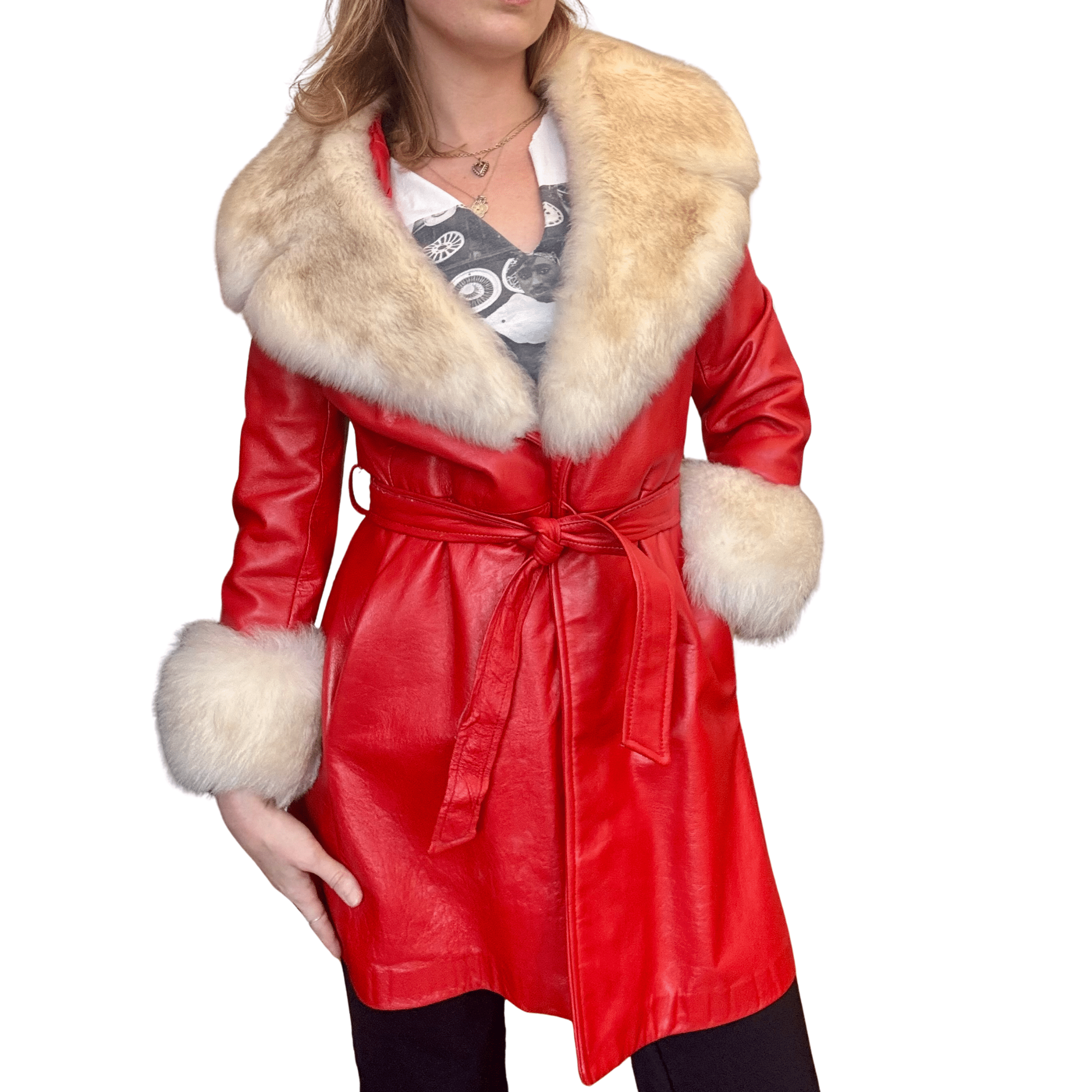 1970s Red Leather and Shearling Fur Trim Tie Coat - Image 8