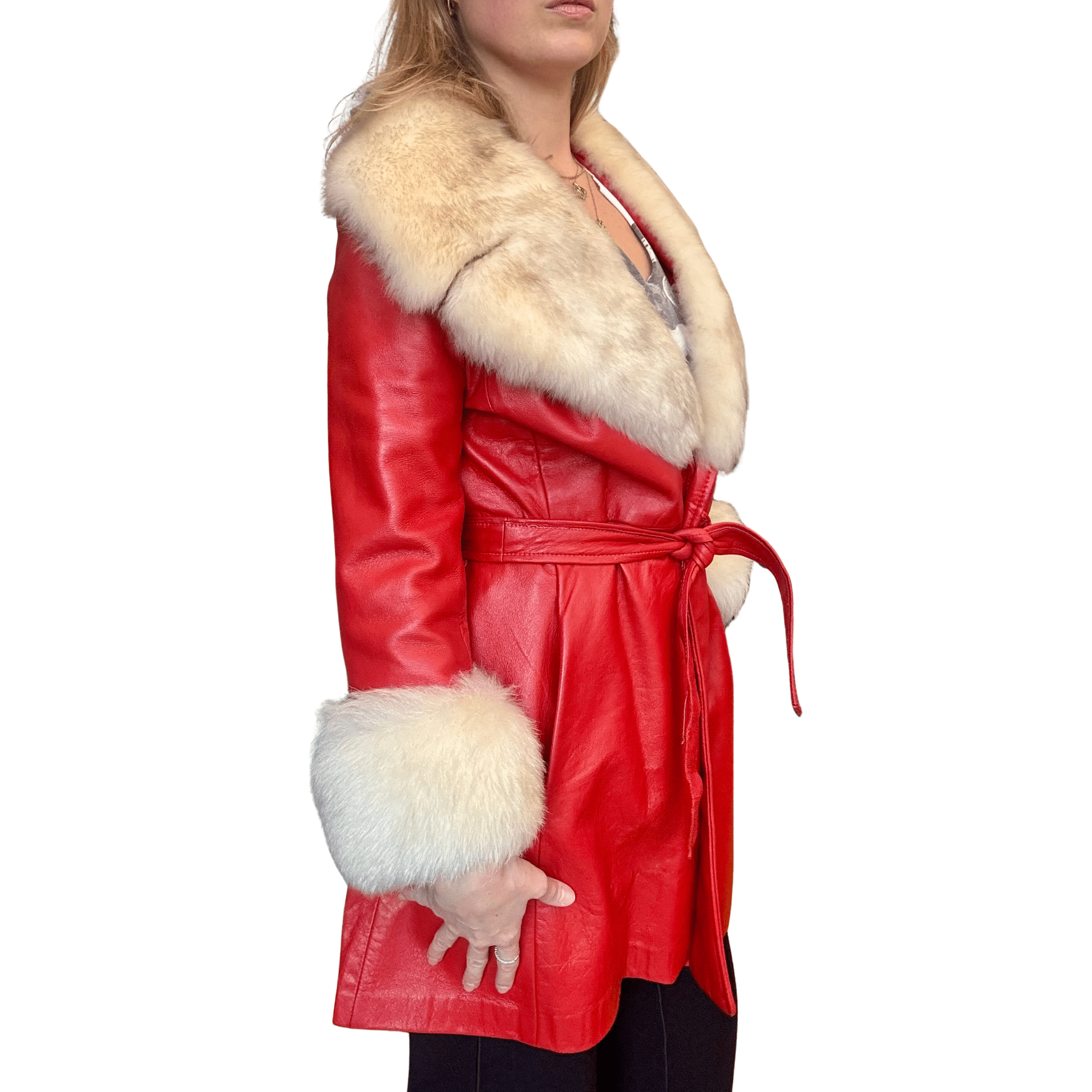 1970s Red Leather and Shearling Fur Trim Tie Coat - Image 7