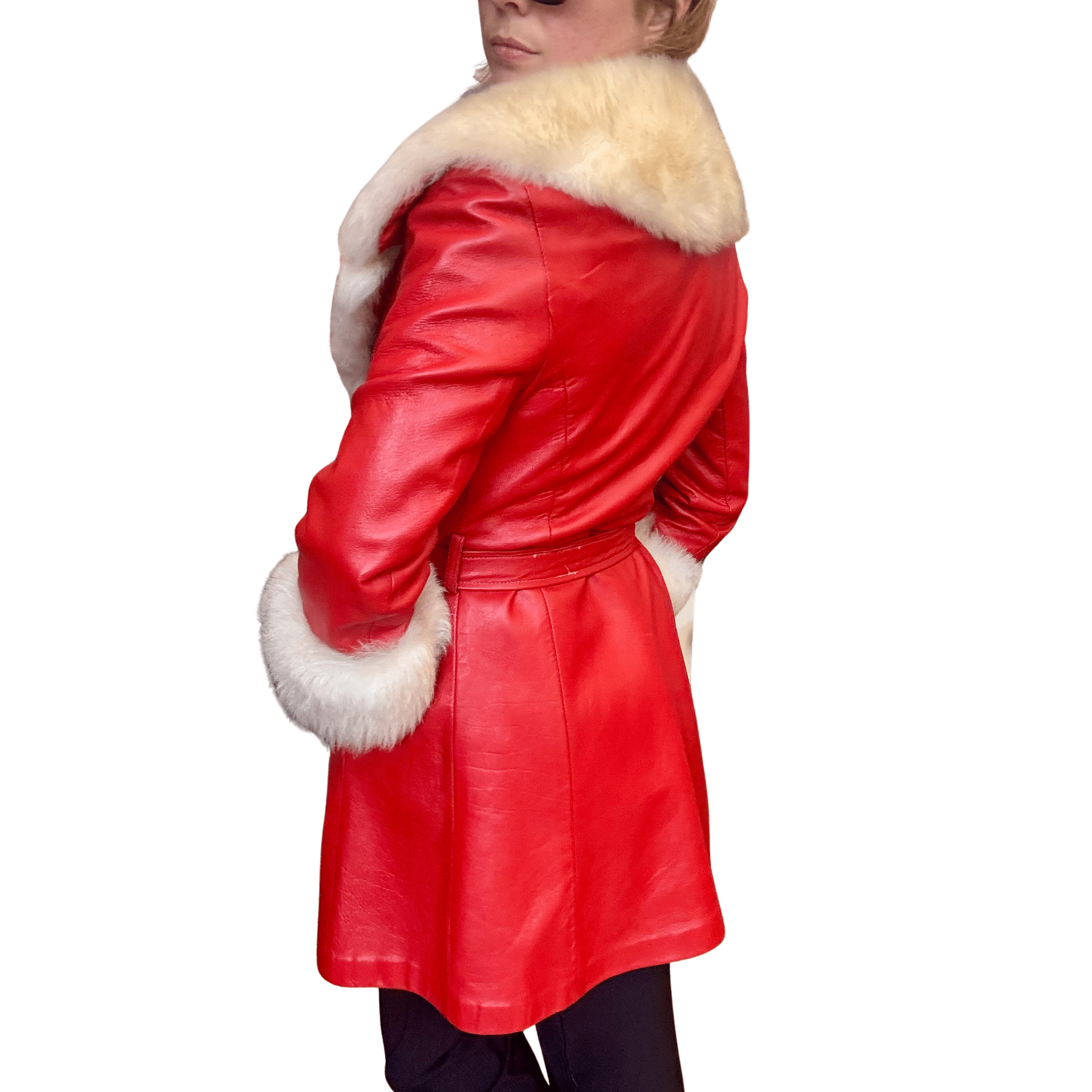 1970s Red Leather and Shearling Fur Trim Tie Coat - Image 6