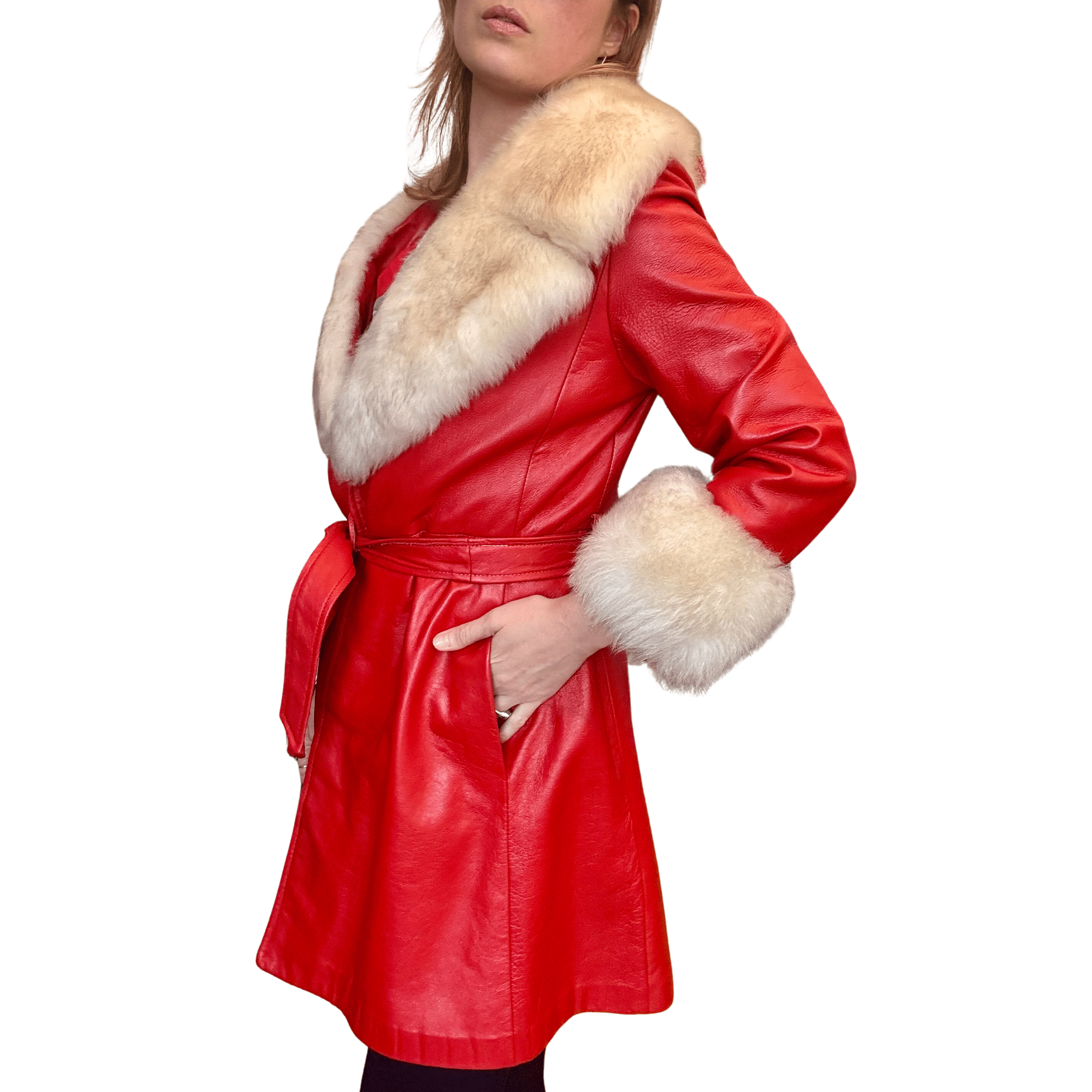 1970s Red Leather and Shearling Fur Trim Tie Coat - Image 5