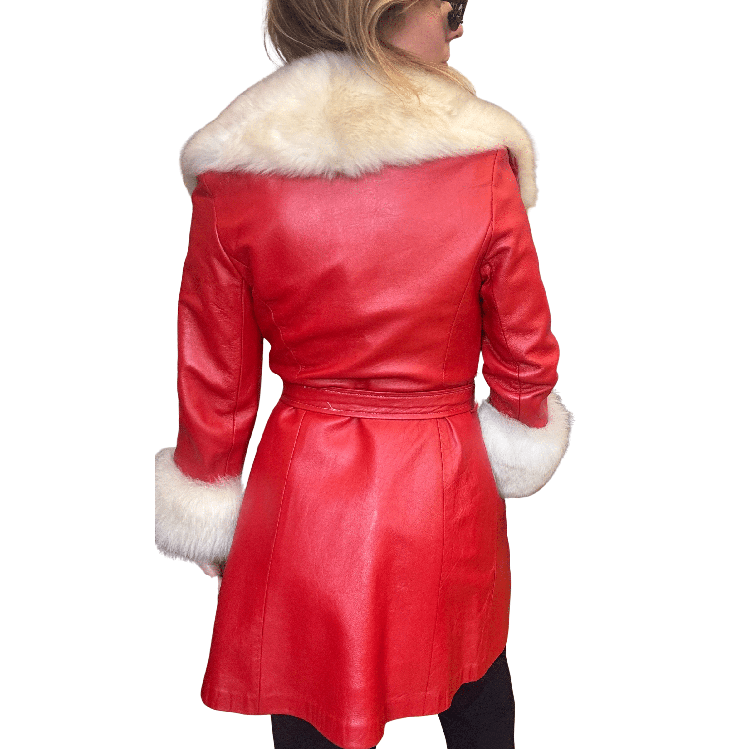 1970s Red Leather and Shearling Fur Trim Tie Coat - Image 4