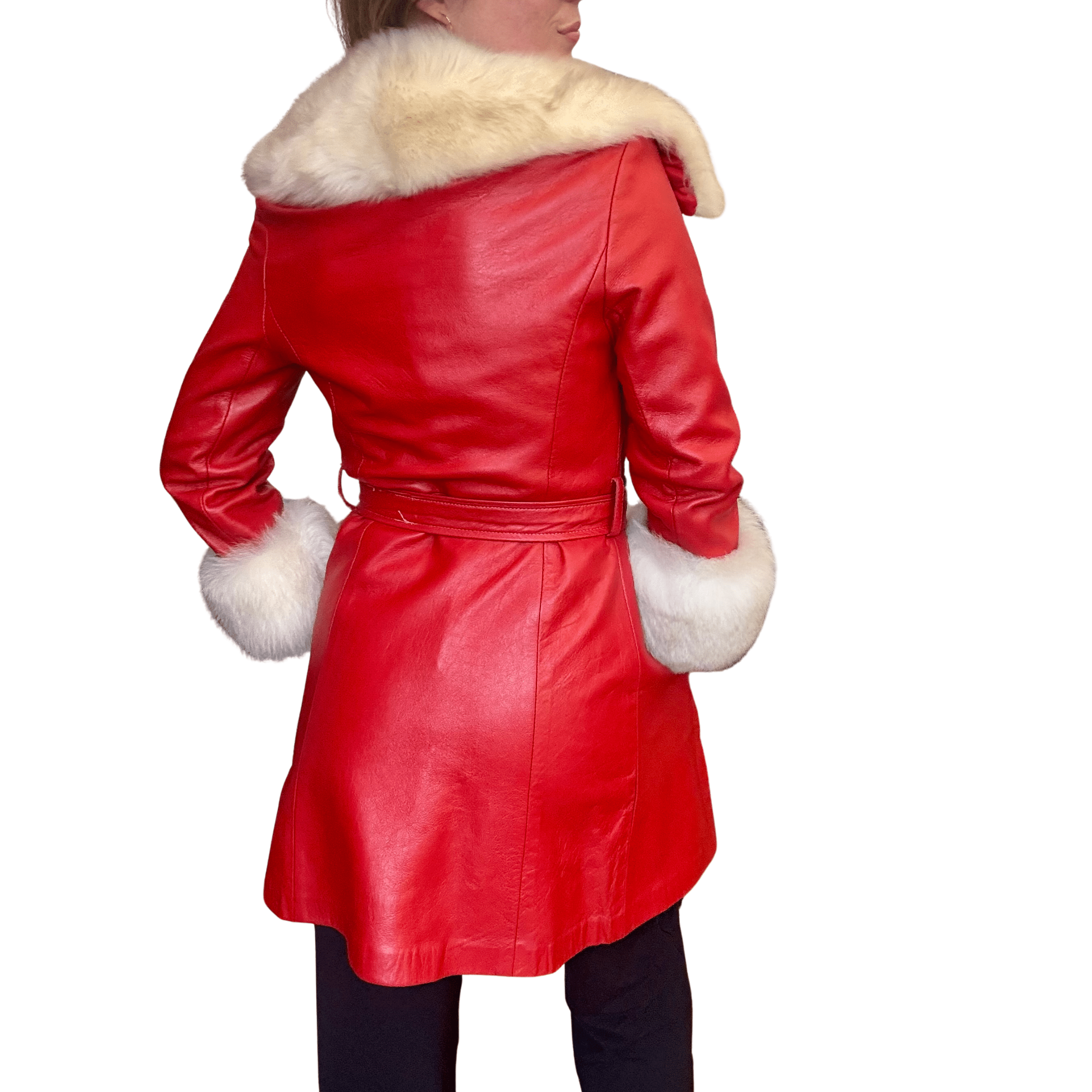1970s Red Leather and Shearling Fur Trim Tie Coat - Image 3